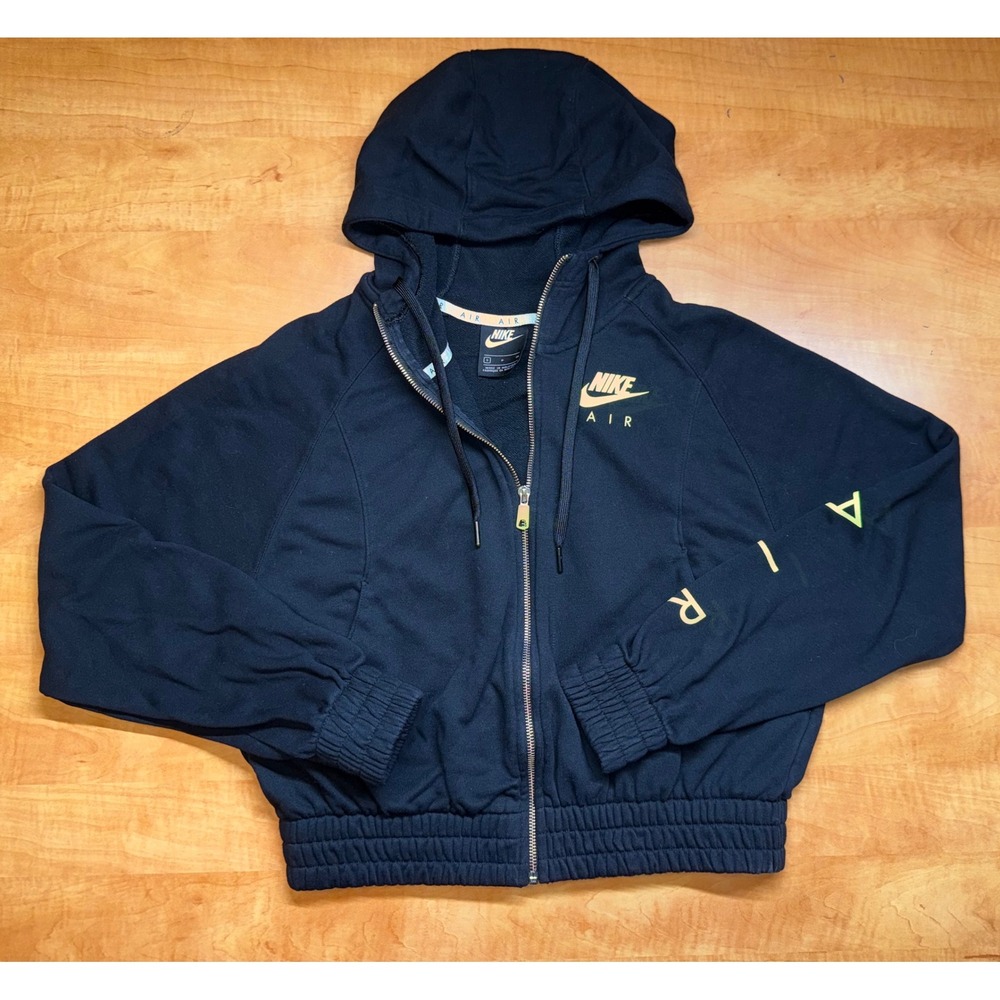Nike Air Womens Small Black Neon Yellow Cropped Full Zip Hoodie Fleece Jacket